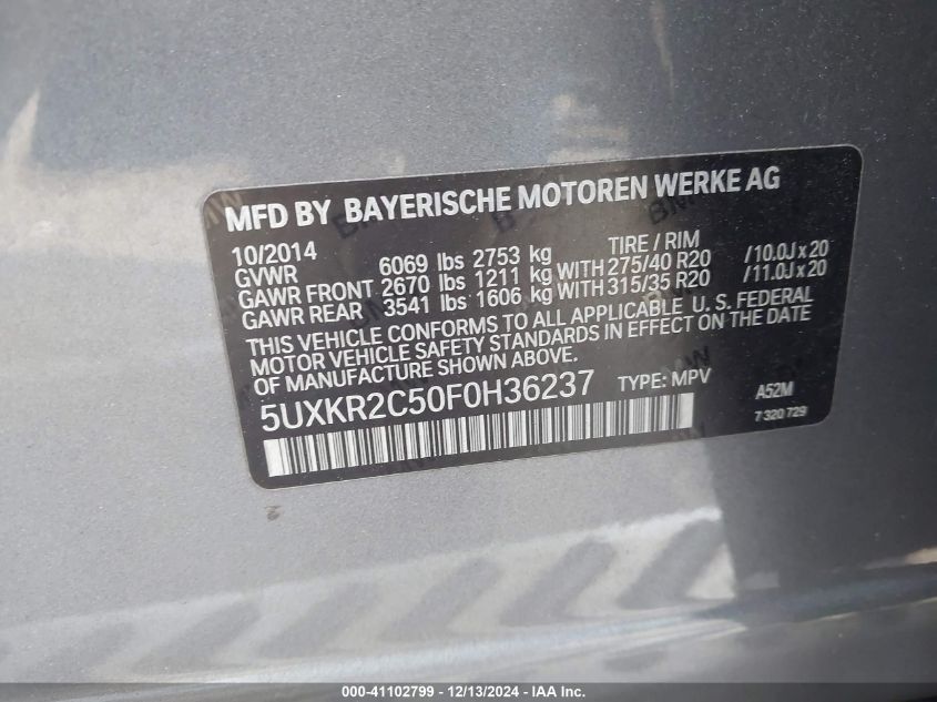 VIN 5UXKR2C50F0H36237 2015 BMW X5, Sdrive35I no.9