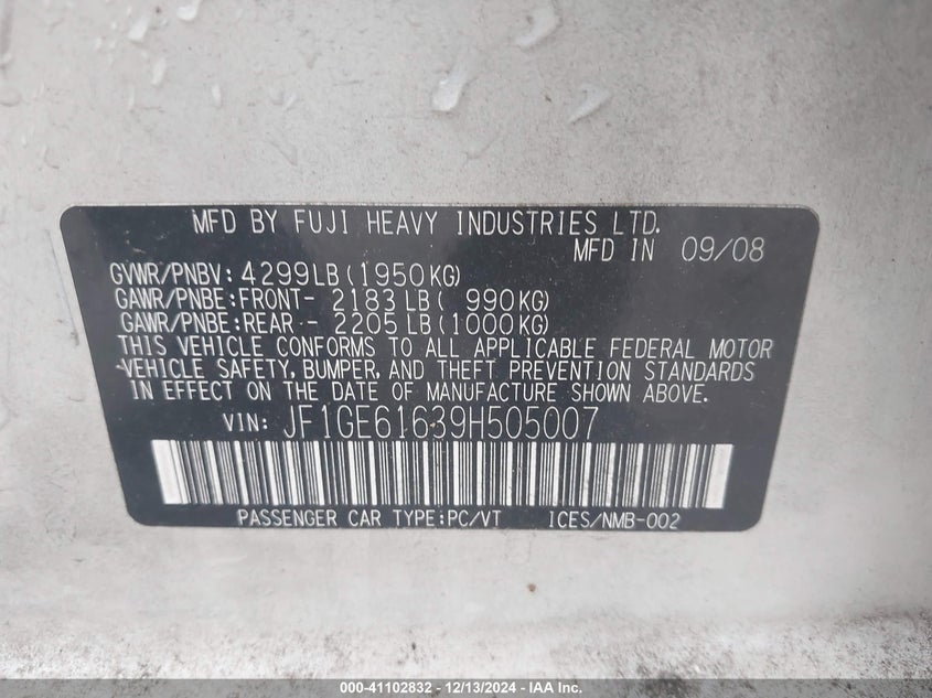 2009 SUBARU IMPREZA VIN: JF1GE61639H505007