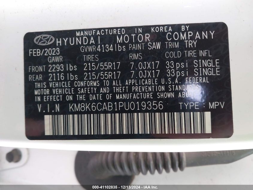 2023 Hyundai Kona Sel VIN: KM8K6CAB1PU019356 Lot: 41102835