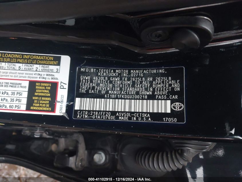 VIN 4T1BF1FK0GU200218 2016 Toyota Camry, SE no.9