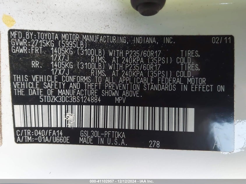 2011 Toyota Sienna Base V6 VIN: 5TDZK3DC3BS124884 Lot: 41102957