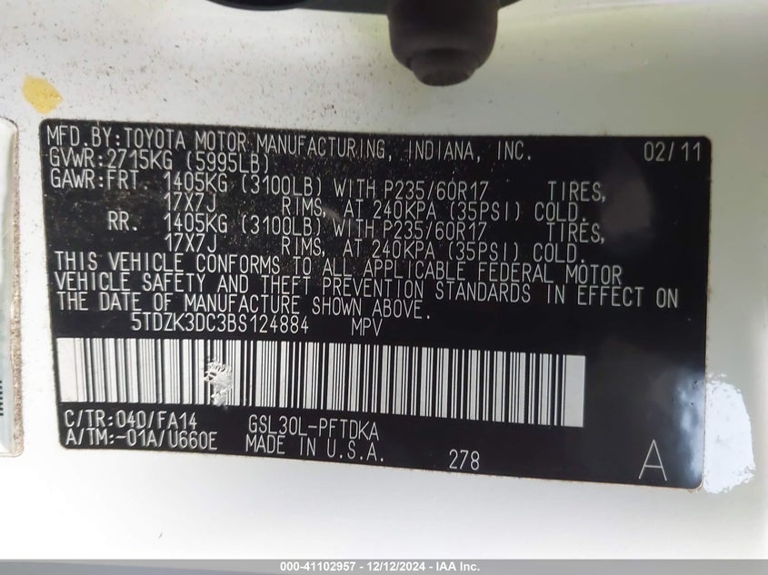 2011 Toyota Sienna Base V6 VIN: 5TDZK3DC3BS124884 Lot: 41102957