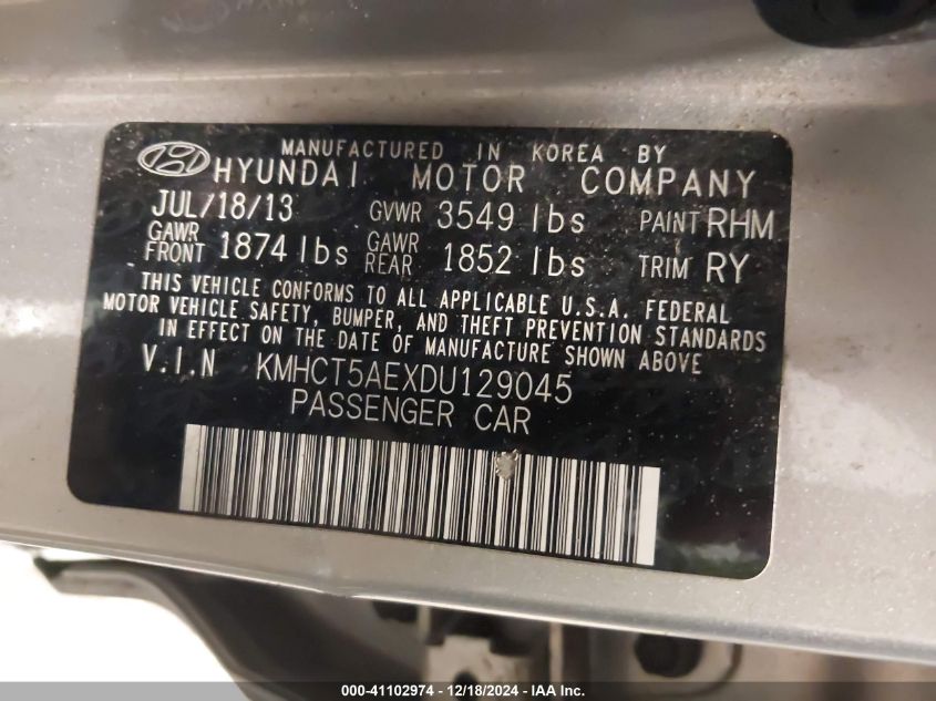 VIN KMHCT5AEXDU129045 2013 Hyundai Accent, GS no.9