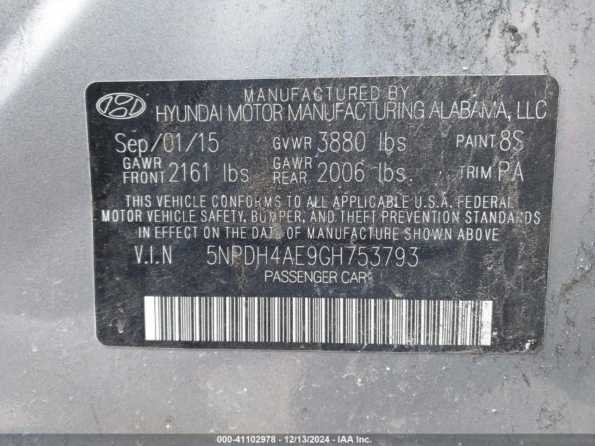 VIN 5NPDH4AE9GH753793 2016 Hyundai Elantra, SE no.9