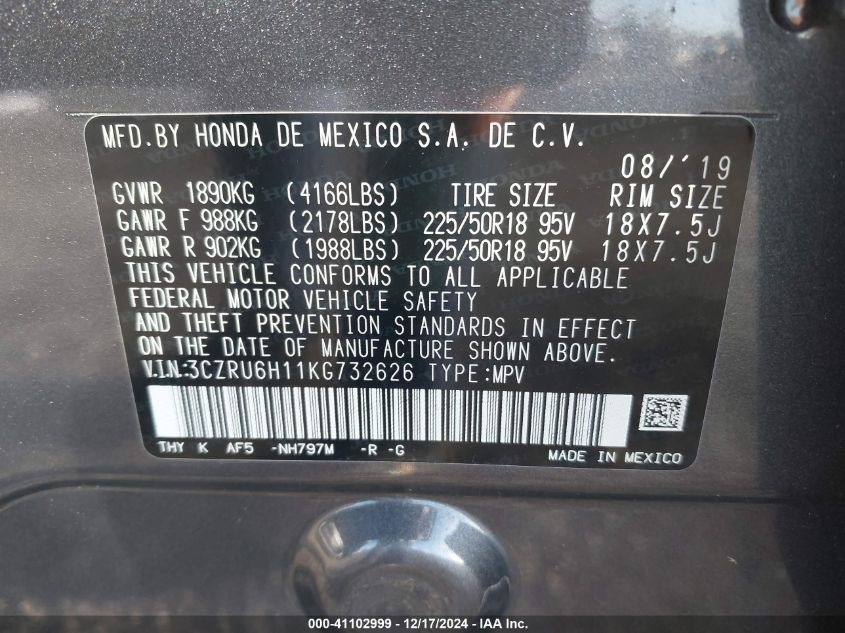 VIN 3CZRU6H11KG732626 2019 Honda HR-V, Sport no.9