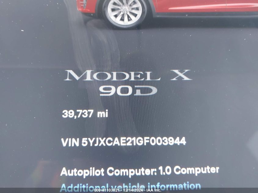 VIN 5YJXCAE21GF003944 2016 TESLA MODEL X no.15