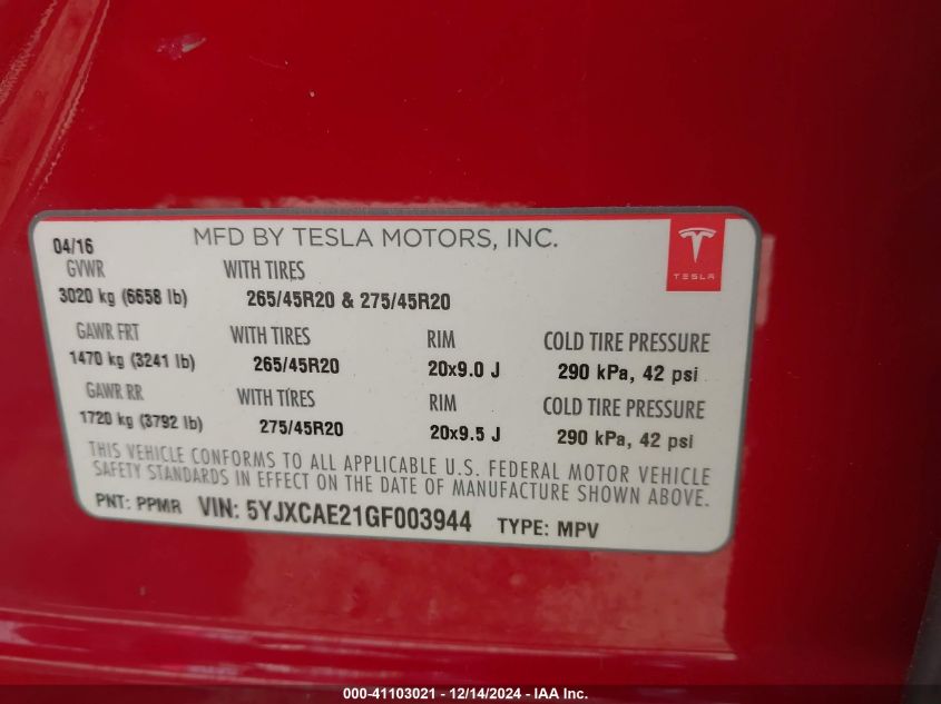 VIN 5YJXCAE21GF003944 2016 TESLA MODEL X no.9