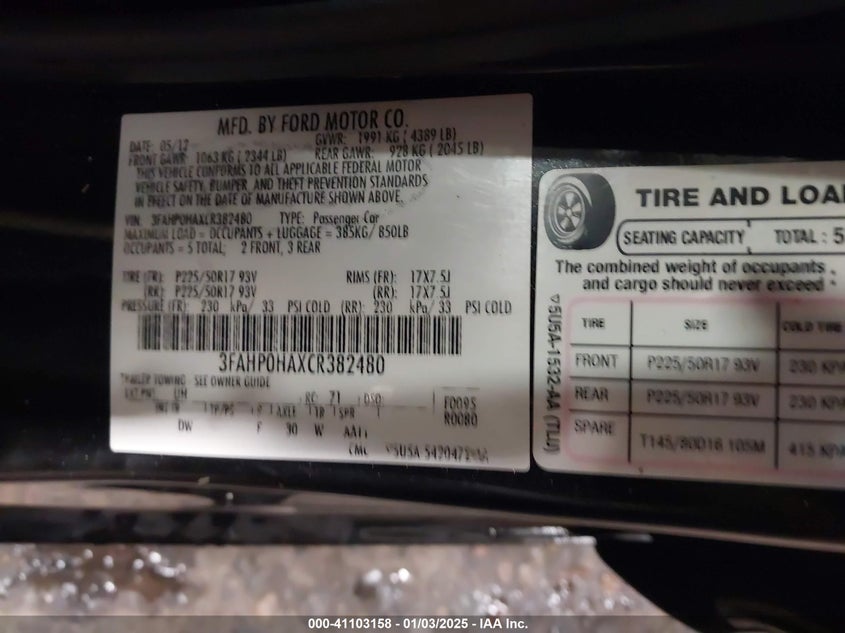 2012 FORD FUSION VIN: 3FAHP0HAXCR382480