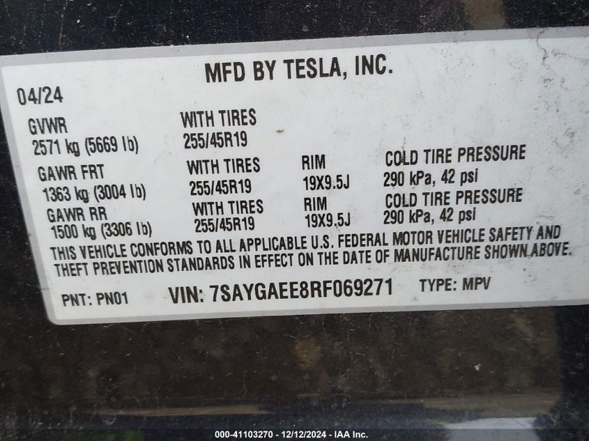 2024 Tesla Model Y Long Range Dual Motor All-Wheel Drive VIN: 7SAYGAEE8RF069271 Lot: 41103270