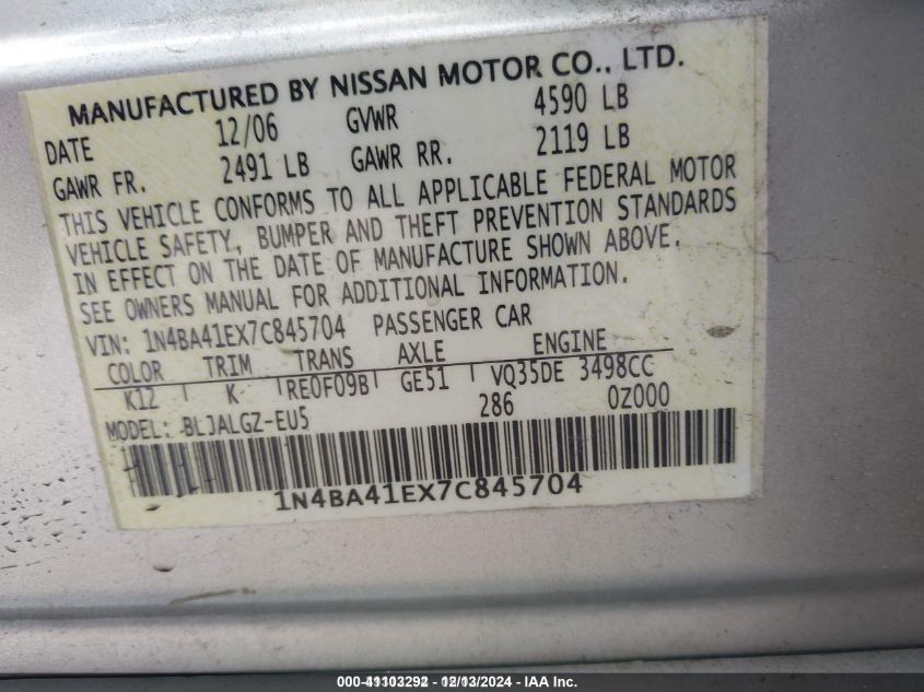 2007 Nissan Maxima 3.5 Sl VIN: 1N4BA41EX7C845704 Lot: 41103292