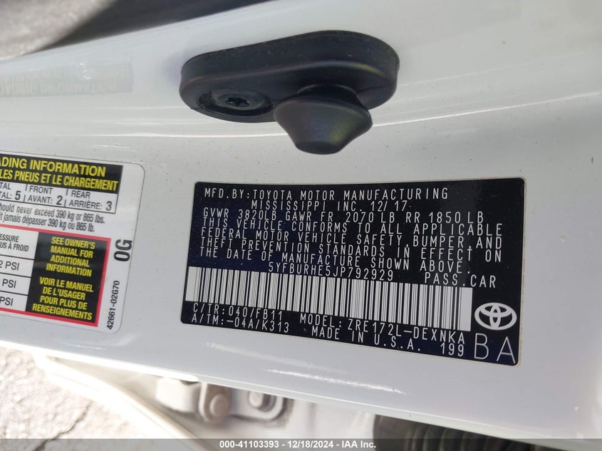 2018 TOYOTA COROLLA L/LE/XLE/SE/XSE - 5YFBURHE5JP792929