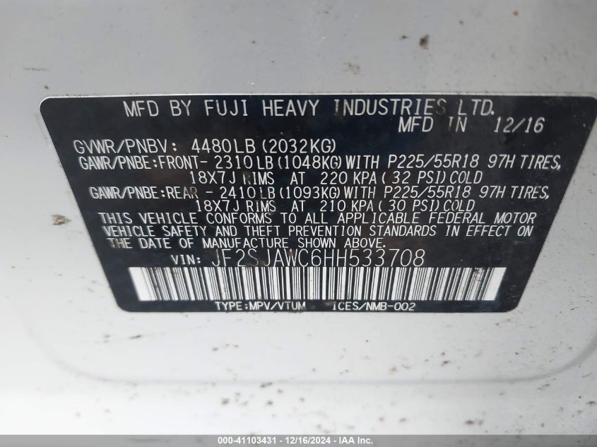 VIN JF2SJAWC6HH533708 2017 SUBARU FORESTER no.9