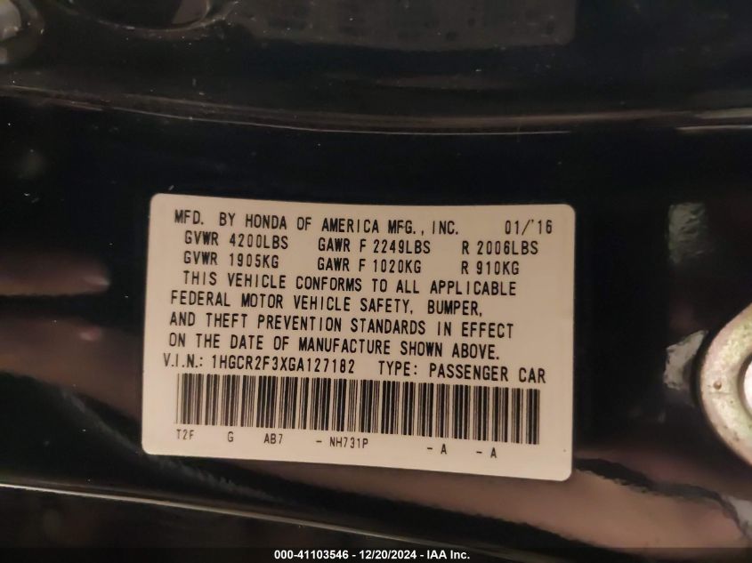 VIN 1HGCR2F3XGA127182 2016 Honda Accord, LX no.9