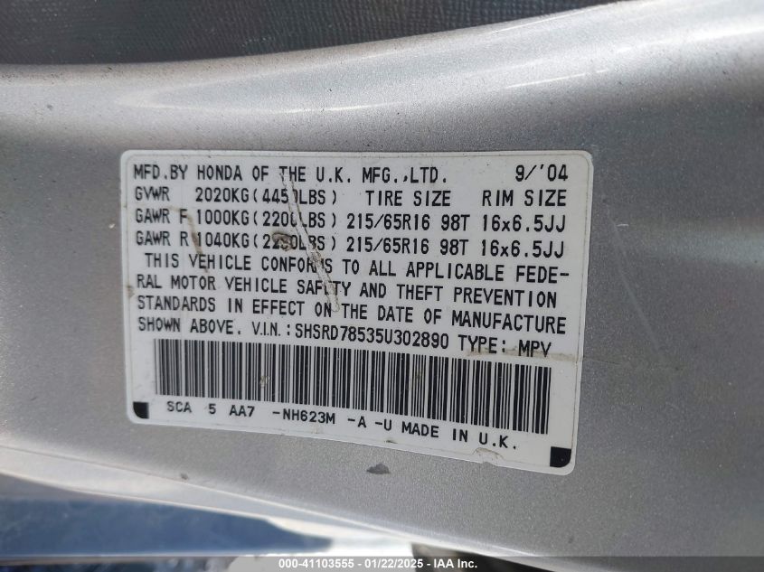 2005 Honda Cr-V Lx VIN: SHSRD78535U302890 Lot: 41103555