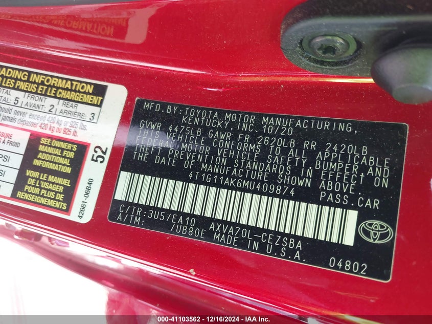 2021 TOYOTA CAMRY SE - 4T1G11AK6MU409874