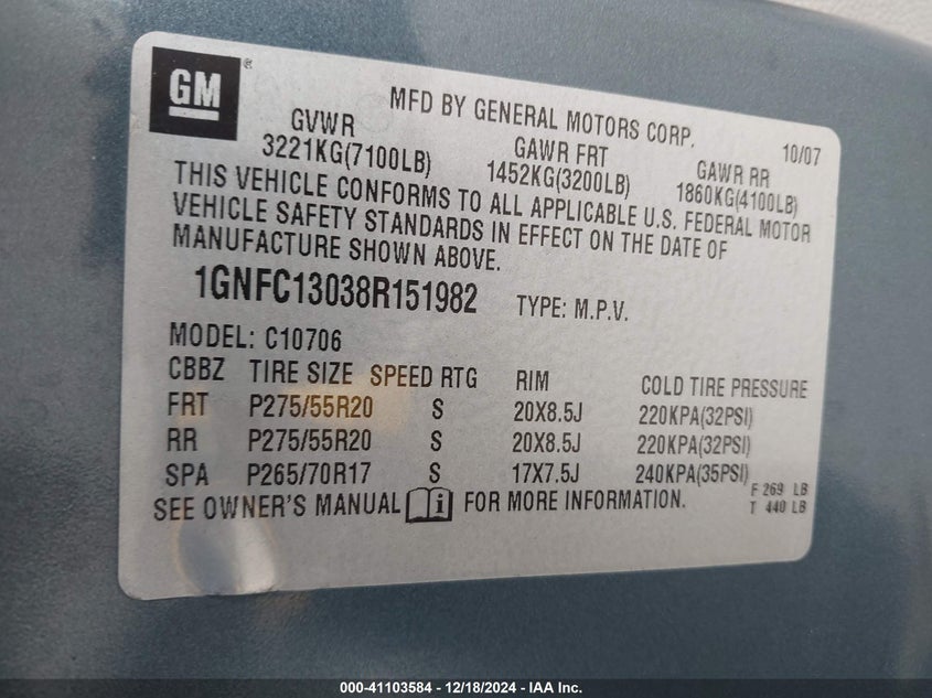 2008 Chevrolet Tahoe Ltz VIN: 1GNFC13038R151982 Lot: 41103584