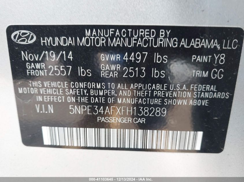 VIN 5NPE34AFXFH138289 2015 Hyundai Sonata, Sport no.9