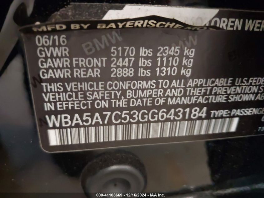 VIN WBA5A7C53GG643184 2016 BMW 5 Series, 528I Xdrive no.9