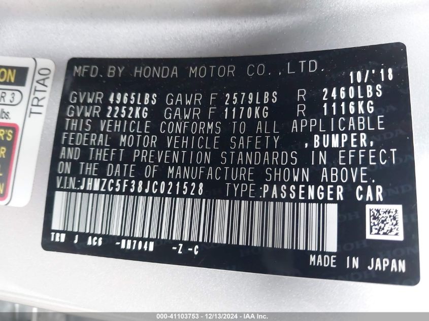 VIN JHMZC5F38JC021528 2018 Honda Clarity, Plug-In H... no.9