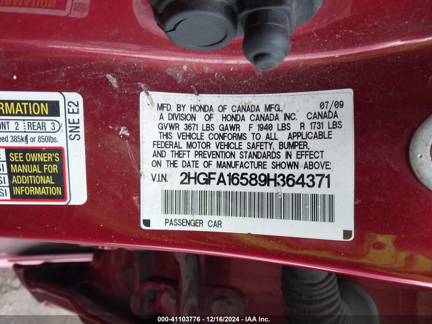 2009 Honda Civic Lx VIN: 2HGFA16589H364371 Lot: 41103776
