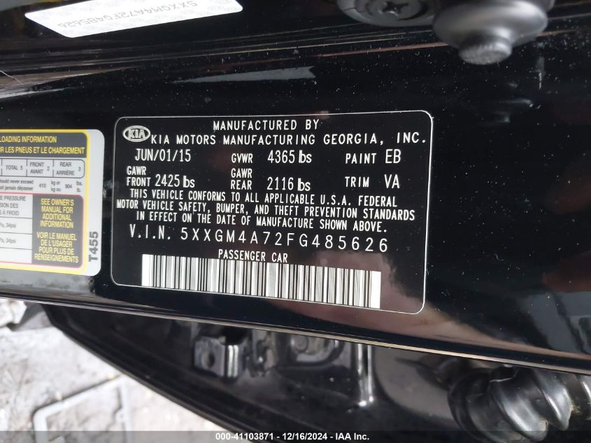 VIN 5XXGM4A72FG485626 2015 KIA Optima, LX no.9