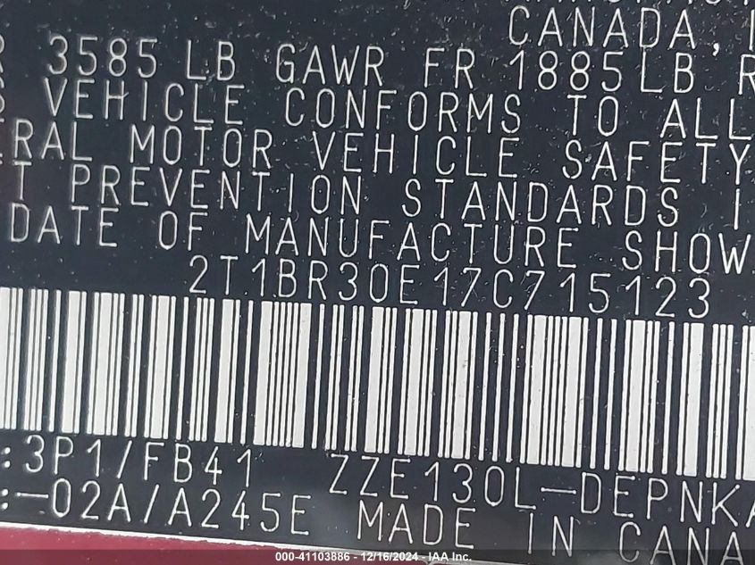 2007 Toyota Corolla Ce/Le/S VIN: 2T1BR30E17C71512 Lot: 41103886