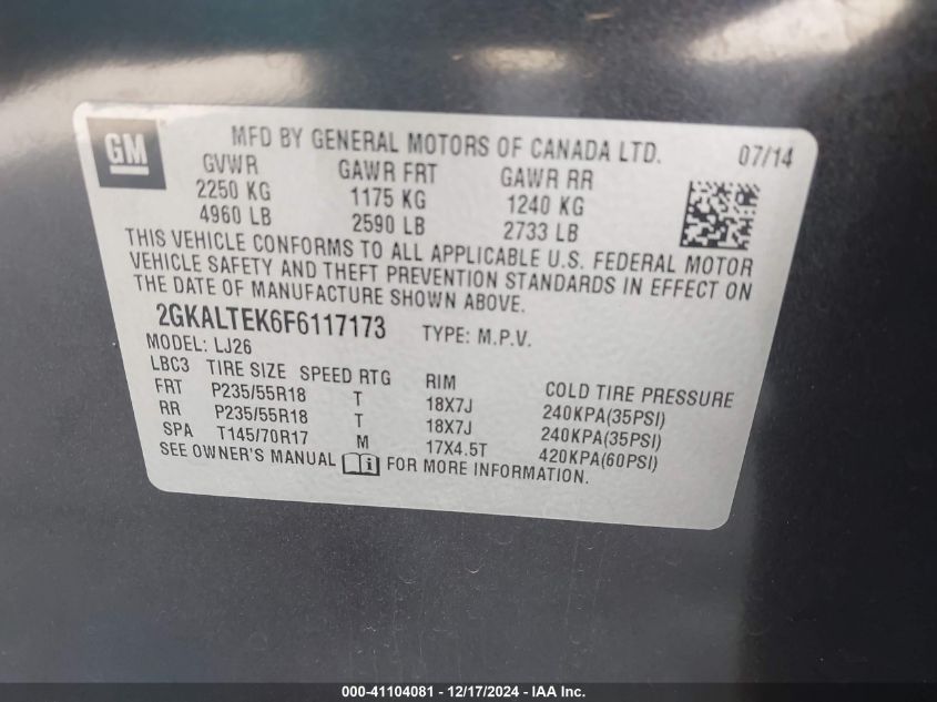 VIN 2GKALTEK6F6117173 2015 GMC Terrain, Slt-2 no.9