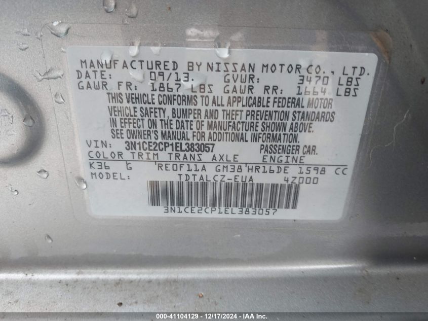 VIN 3N1CE2CP1EL383057 2014 Nissan Versa, Note S Plus no.9