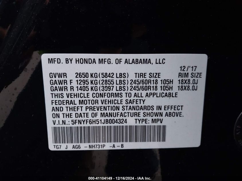 VIN 5FNYF6H51JB004324 2018 Honda Pilot, Ex-L no.9