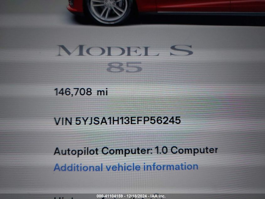 2014 Tesla Model S P85 VIN: 5YJSA1H13EFP56245 Lot: 41104159