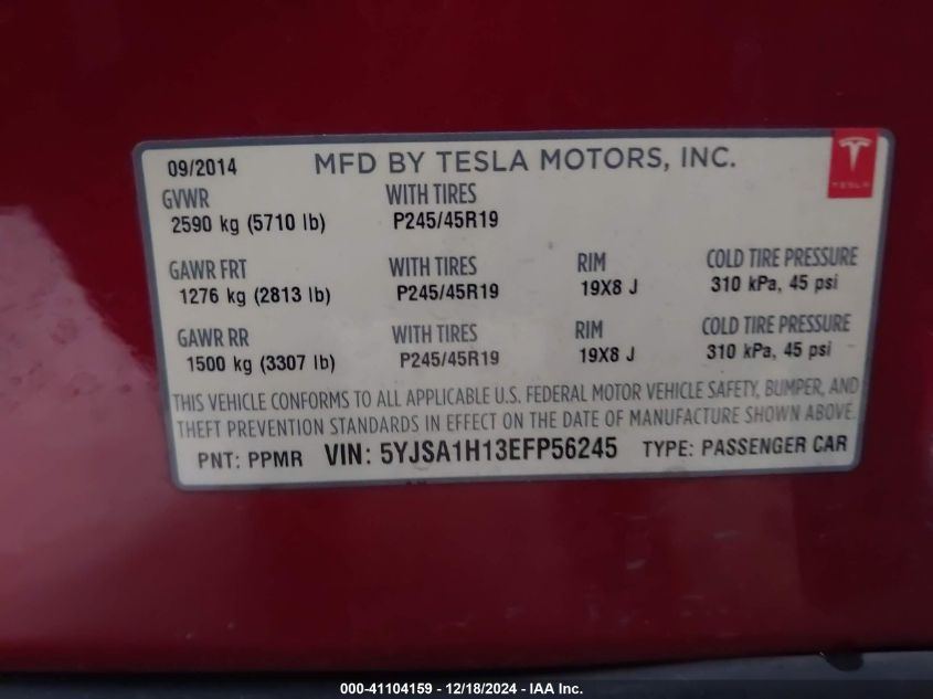 2014 Tesla Model S P85 VIN: 5YJSA1H13EFP56245 Lot: 41104159