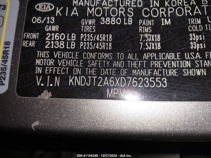 VIN KNDJT2A6XD7623553 2013 KIA Soul, ! no.9