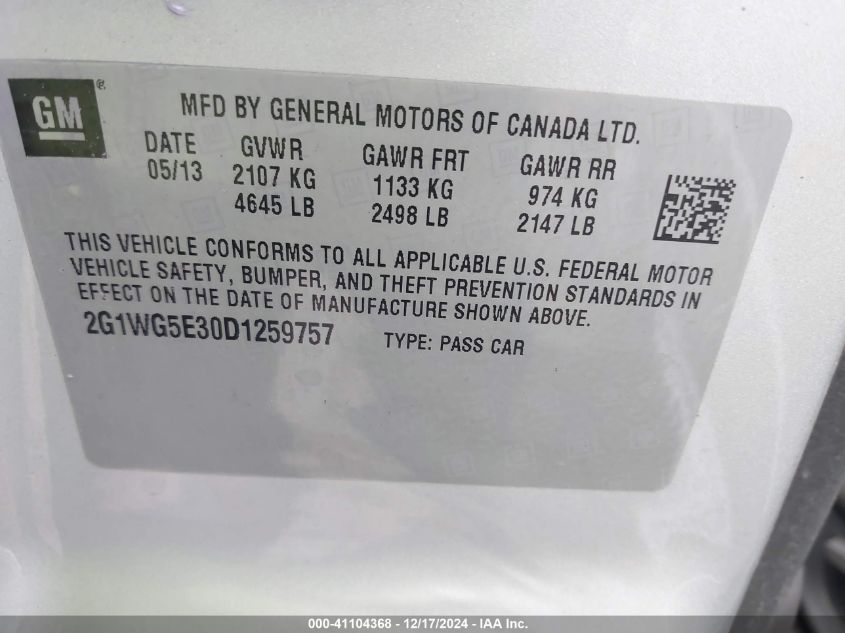 VIN 2G1WG5E30D1259757 2013 Chevrolet Impala, LT no.9