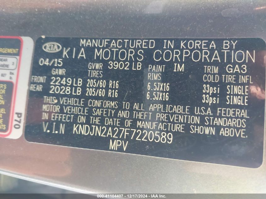 VIN KNDJN2A27F7220589 2015 KIA Soul no.9