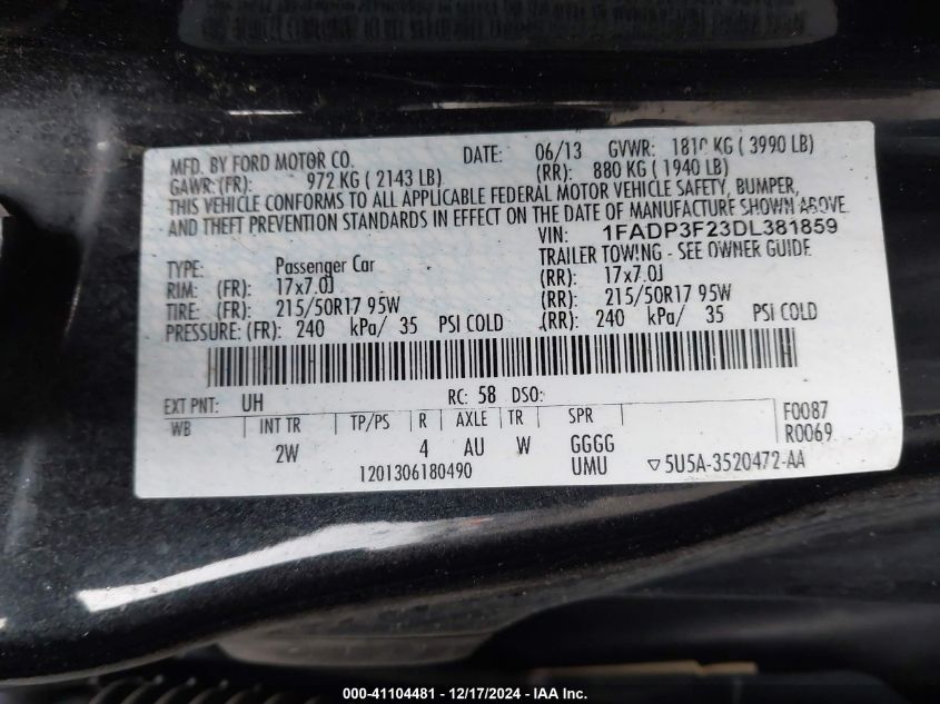 VIN 1FADP3F23DL381859 2013 FORD FOCUS no.9