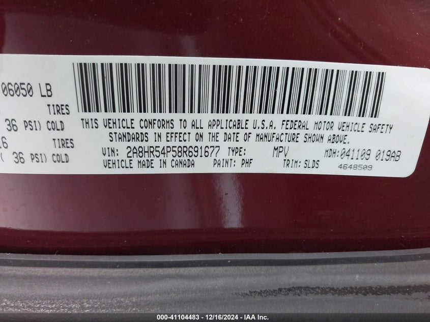 2008 CHRYSLER TOWN & COUNTRY VIN: 2A8HR54P58R691677
