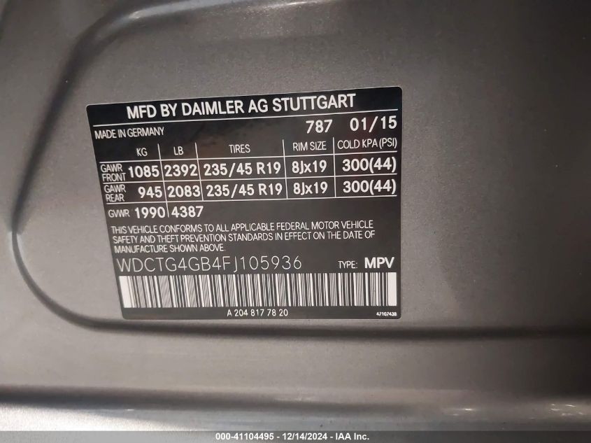 VIN WDCTG4GB4FJ105936 2015 Mercedes-Benz GLA 250, 4... no.9