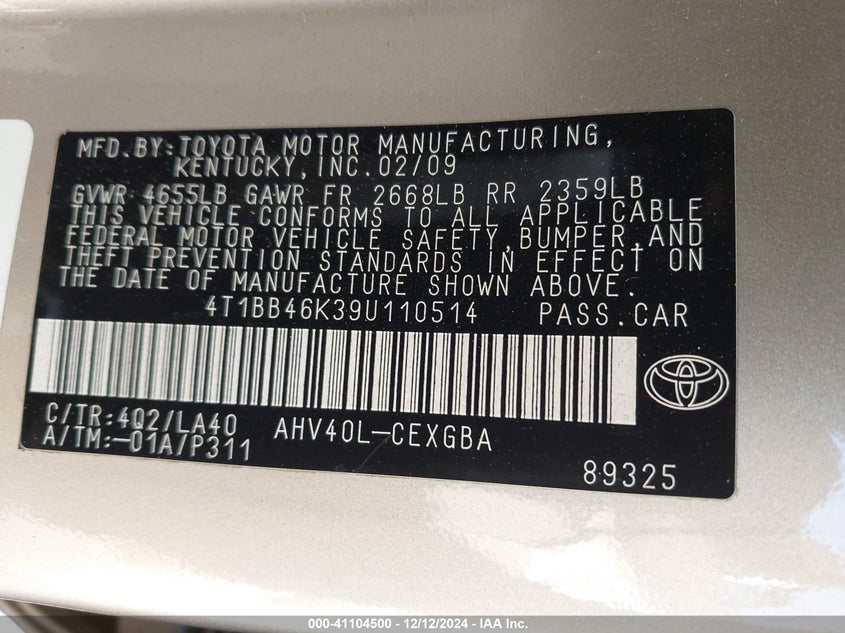2009 TOYOTA CAMRY HYBRID VIN: 4T1BB46K39U110514