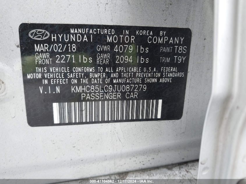 2018 Hyundai Ioniq Hybrid Limited VIN: KMHC85LC9JU087279 Lot: 41104562