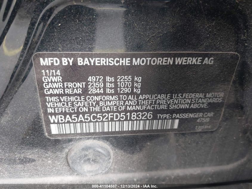 VIN WBA5A5C52FD518326 2015 BMW 5 Series, 528I no.9