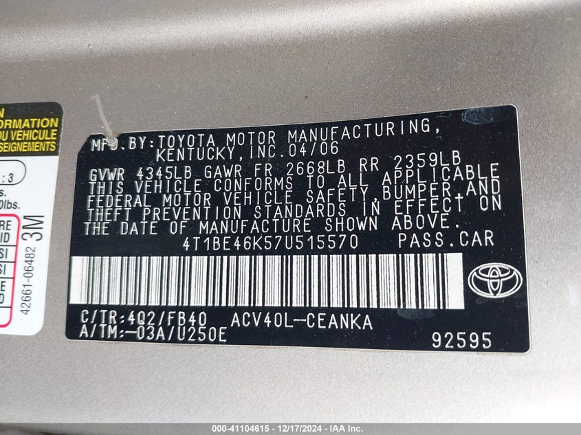 2007 TOYOTA CAMRY VIN: 4T1BE46K57U515570