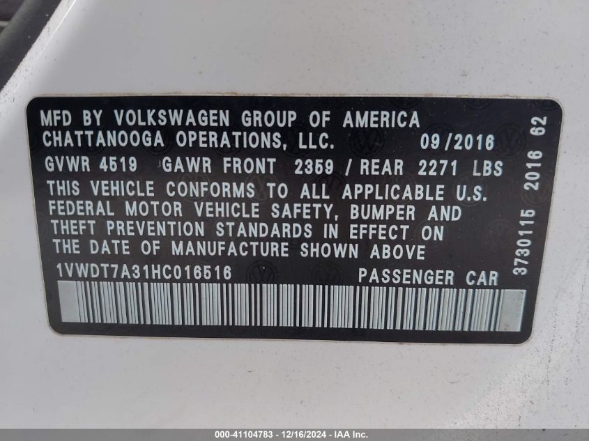 VIN 1VWDT7A31HC016516 2017 Volkswagen Passat, 1.8T... no.9