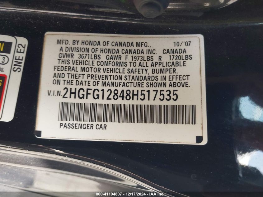 2008 Honda Civic VIN: 2HG12848H517535 Lot: 41104807