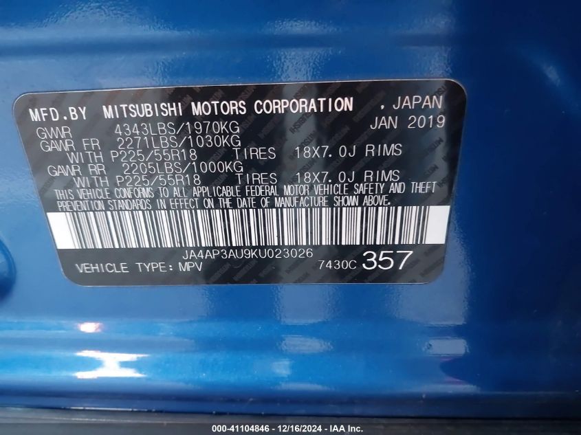 2019 MITSUBISHI OUTLANDER SPORT 2.0 ES - JA4AP3AU9KU023026