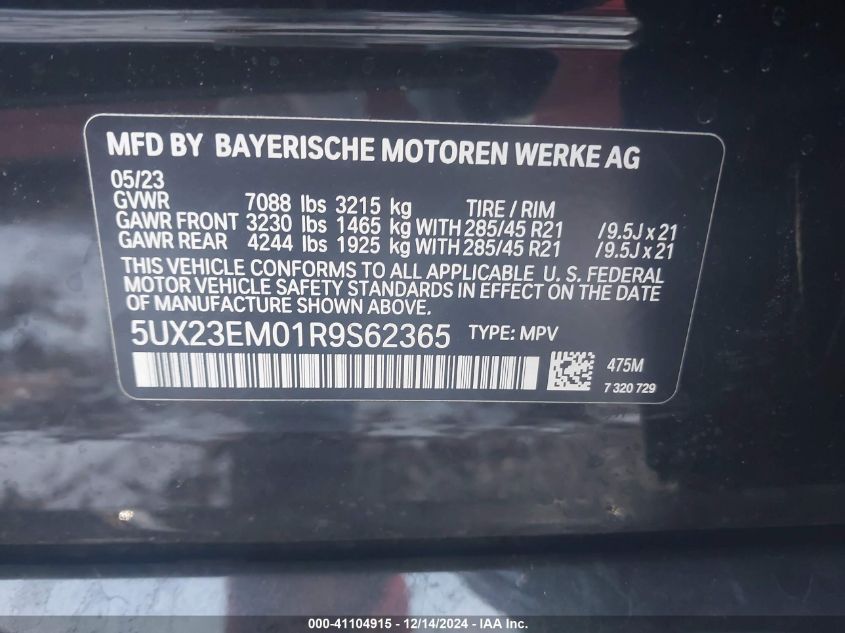 VIN 5UX23EM01R9S62365 2024 BMW X7, Xdrive40I no.9