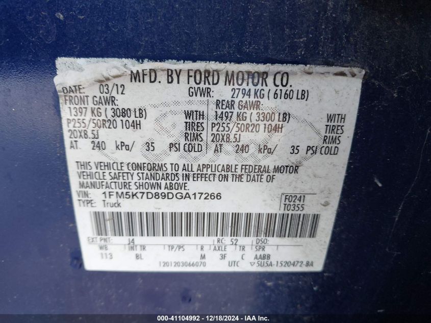 2013 Ford Explorer Xlt VIN: 1FM5K7D89DGA17266 Lot: 41104992