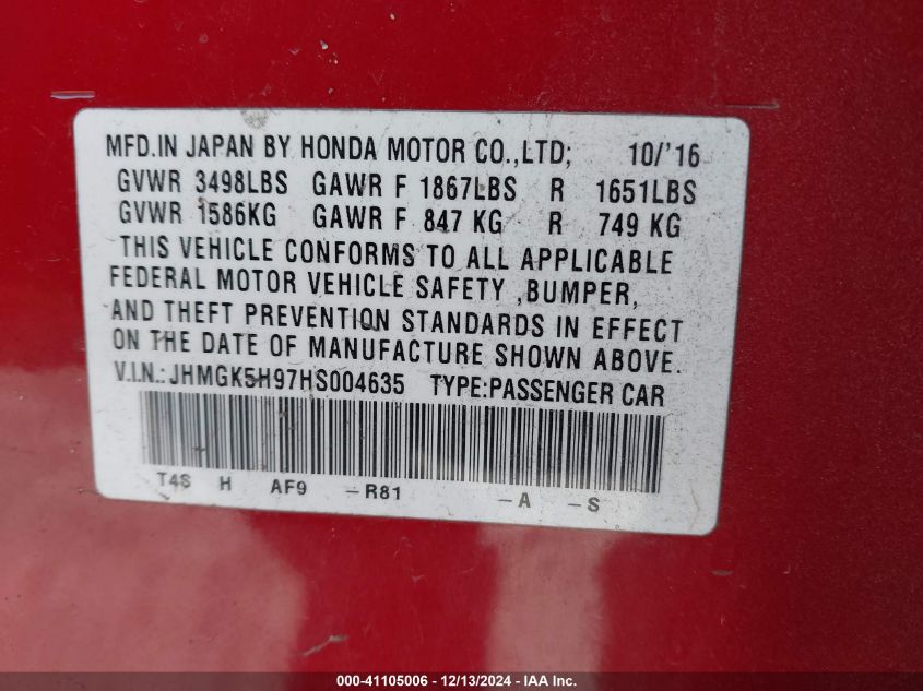 VIN JHMGK5H97HS004635 2017 HONDA FIT no.9