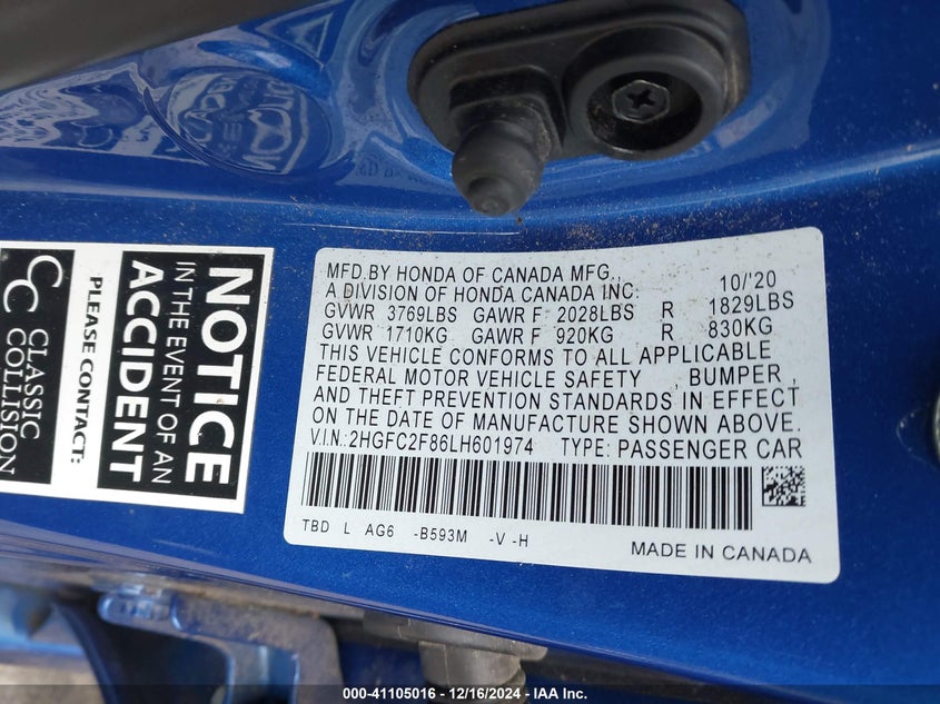 2020 HONDA CIVIC VIN: 2HGFC2F86LH601974