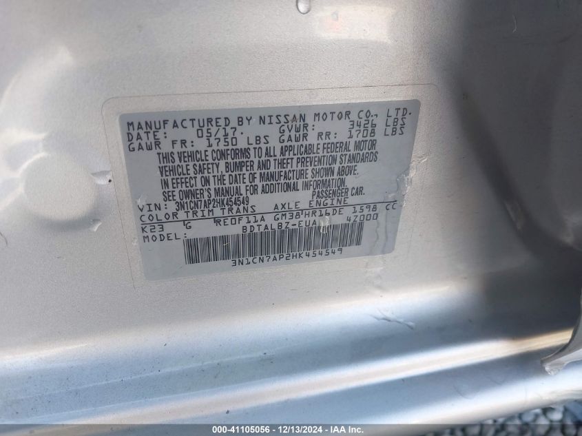 VIN 3N1CN7AP2HK454549 2017 Nissan Versa, 1.6 SV no.9