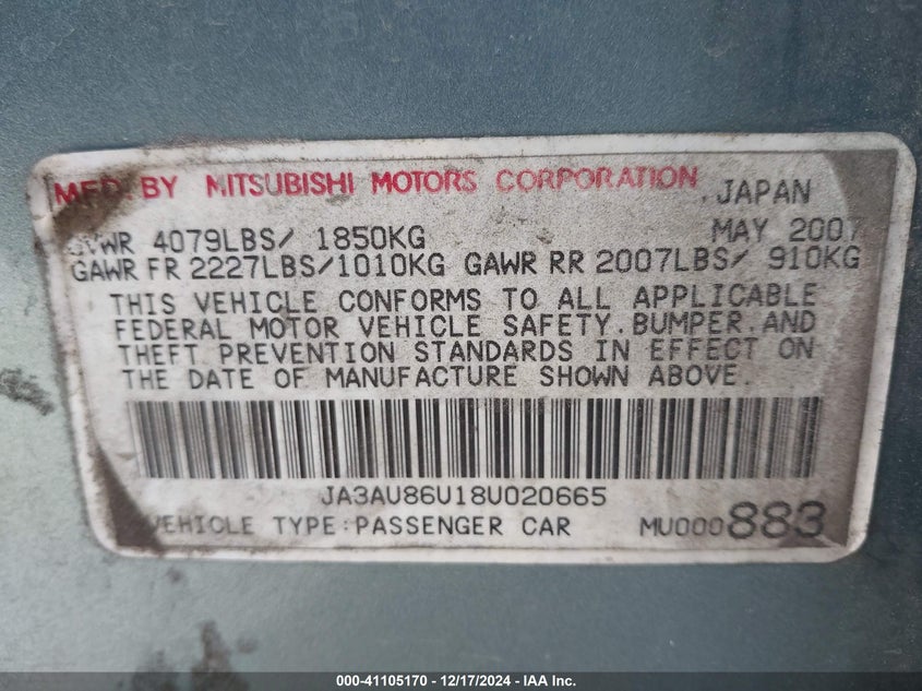 2008 MITSUBISHI LANCER VIN: JA3AU86U18U020665